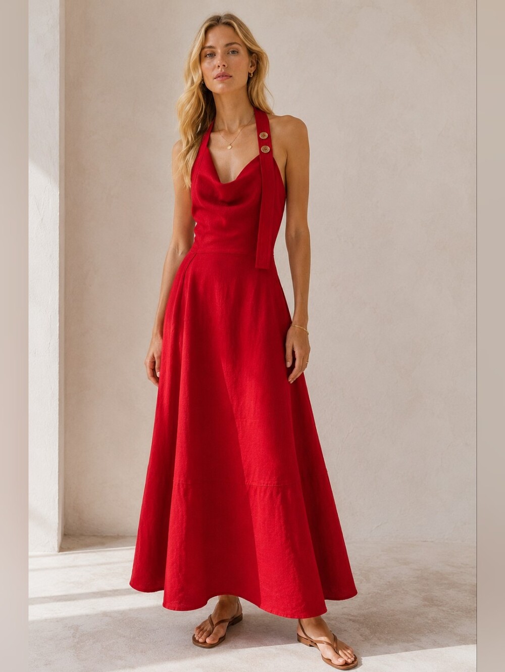 NWT Zara Linen Blend Halter Red Midi Dress Size S